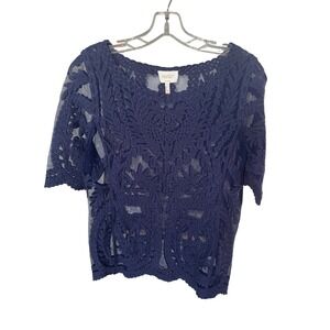 Laundry by Shelli Secal Top MEDIUM Lace‎ Crochet Overlay Scalloped Hem Navy Blue